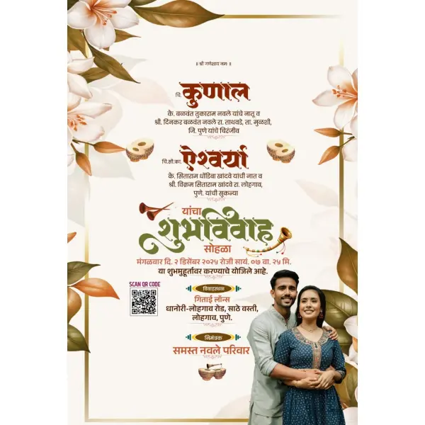 Floral Wedding Invitation With Couple Image Marathi Design PixelLab PLP File 2026
